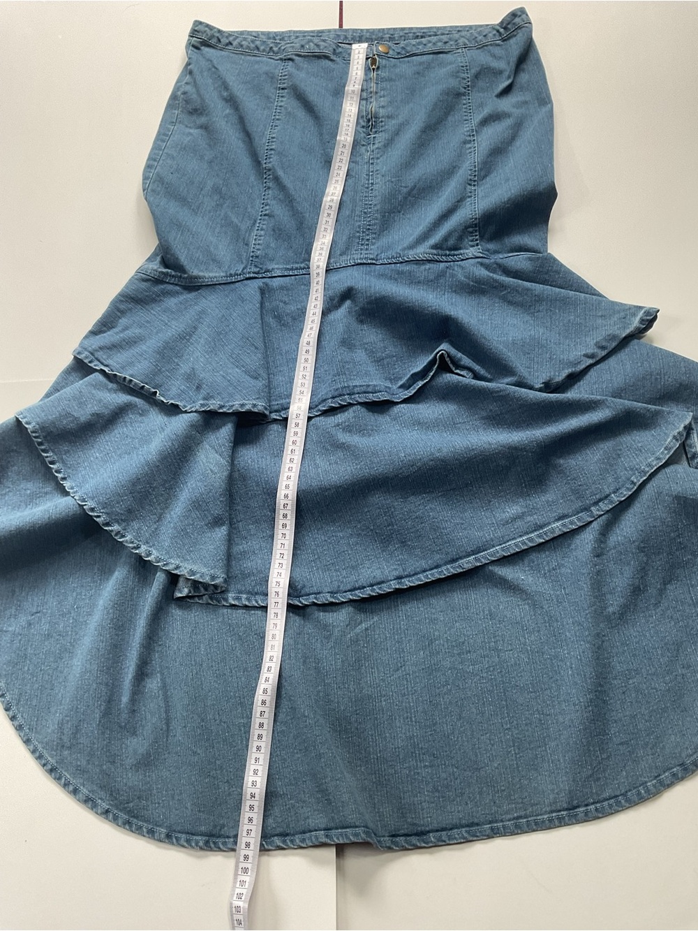 K. Jordan Plus Size 18W Denim Maxi Skirt Tiered Ruffle High-Low Mermaid Blue